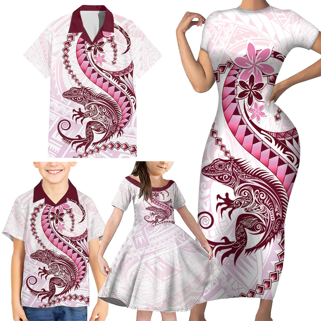 Pink Maori Tuatara Family Matching Short Sleeve Bodycon Dress and Hawaiian Shirt Luxury Pastel Pattern
