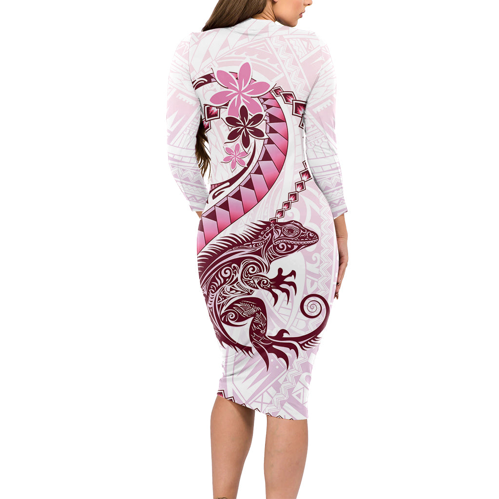 Pink Maori Tuatara Long Sleeve Bodycon Dress Luxury Pastel Pattern LT01 - Polynesian Pride