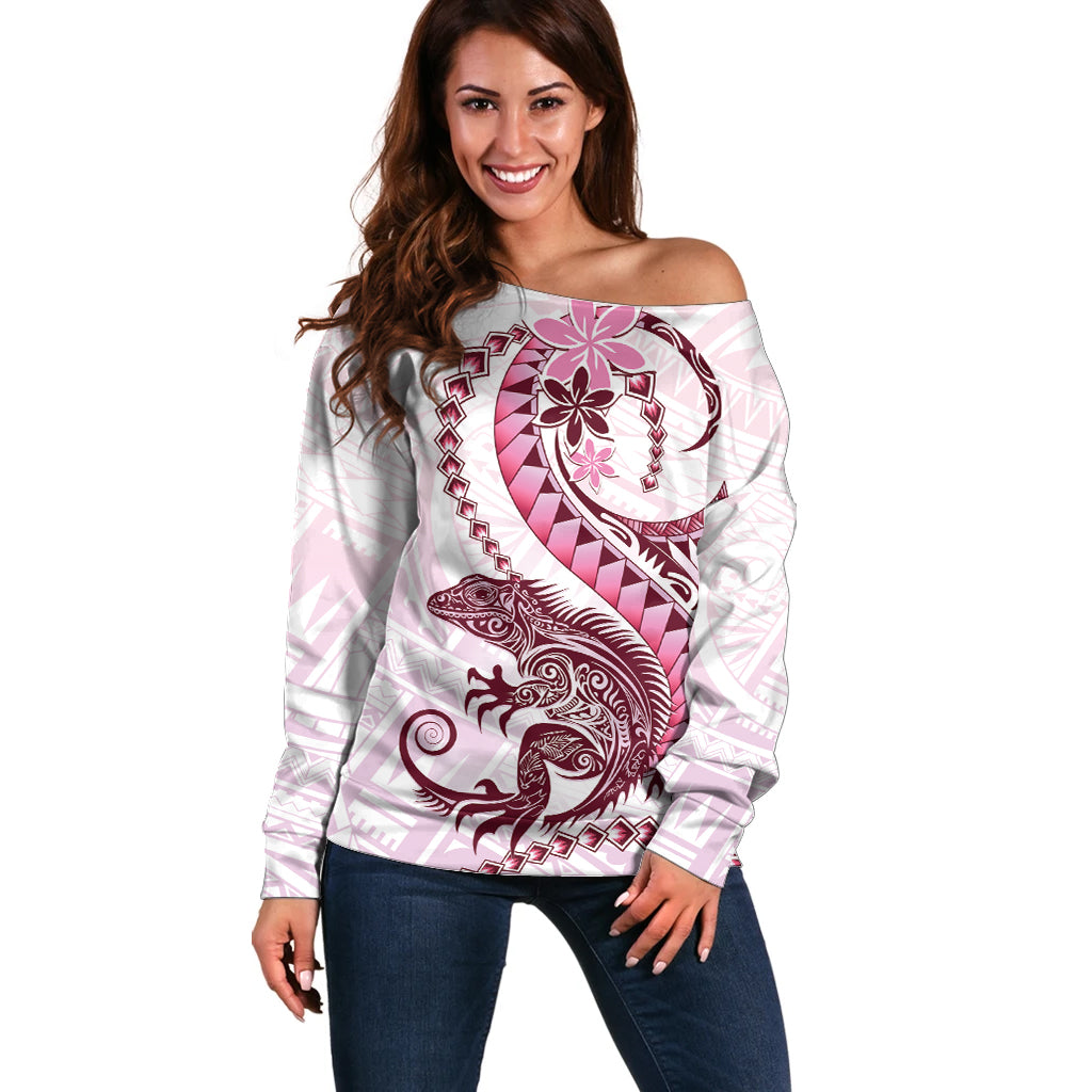 Pink Maori Tuatara Off Shoulder Sweater Luxury Pastel Pattern LT01 Women Pink - Polynesian Pride