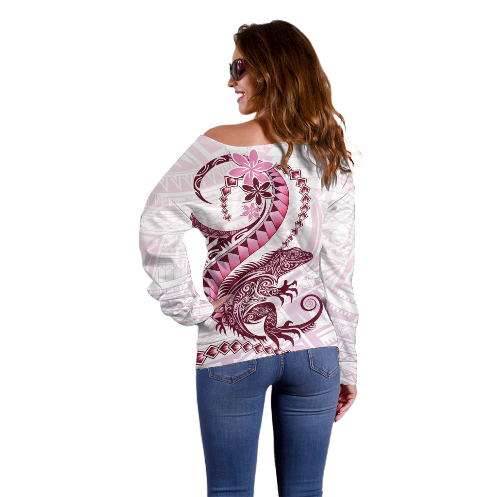 Pink Maori Tuatara Off Shoulder Sweater Luxury Pastel Pattern LT01 - Polynesian Pride