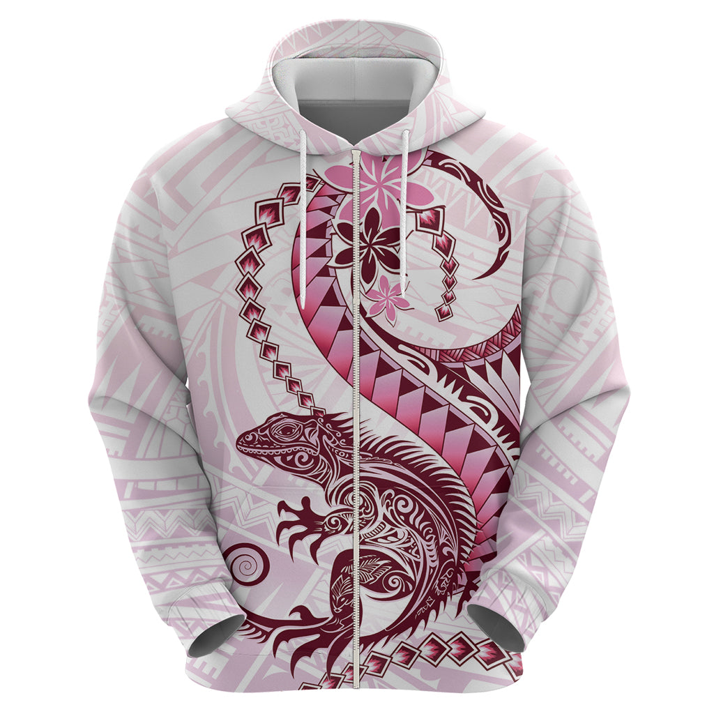 Pink Maori Tuatara Zip Hoodie Luxury Pastel Pattern LT01 - Polynesian Pride