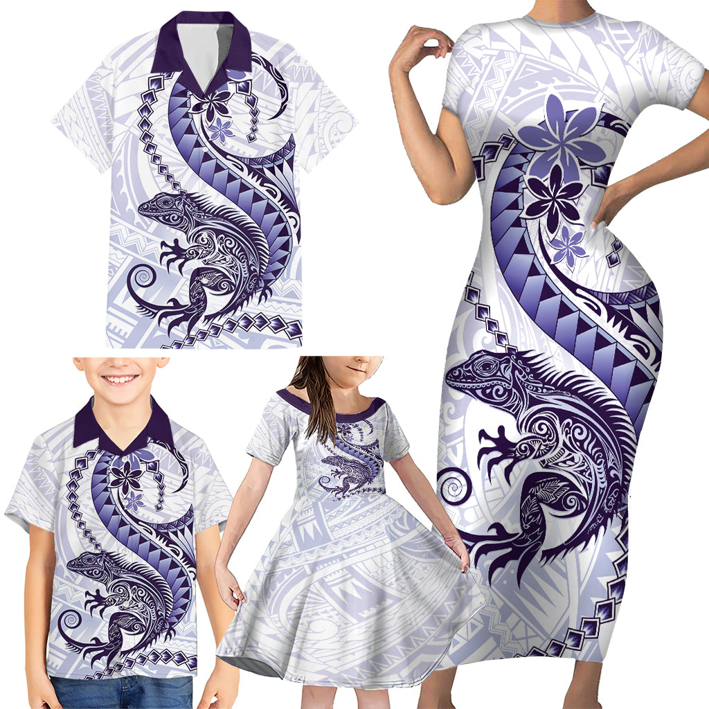 Purple Maori Tuatara Family Matching Short Sleeve Bodycon Dress and Hawaiian Shirt Luxury Pastel Pattern