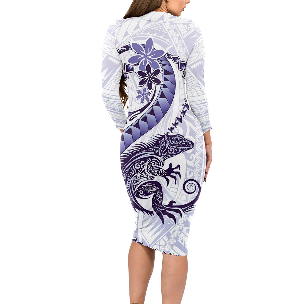 Purple Maori Tuatara Long Sleeve Bodycon Dress Luxury Pastel Pattern LT01 - Polynesian Pride