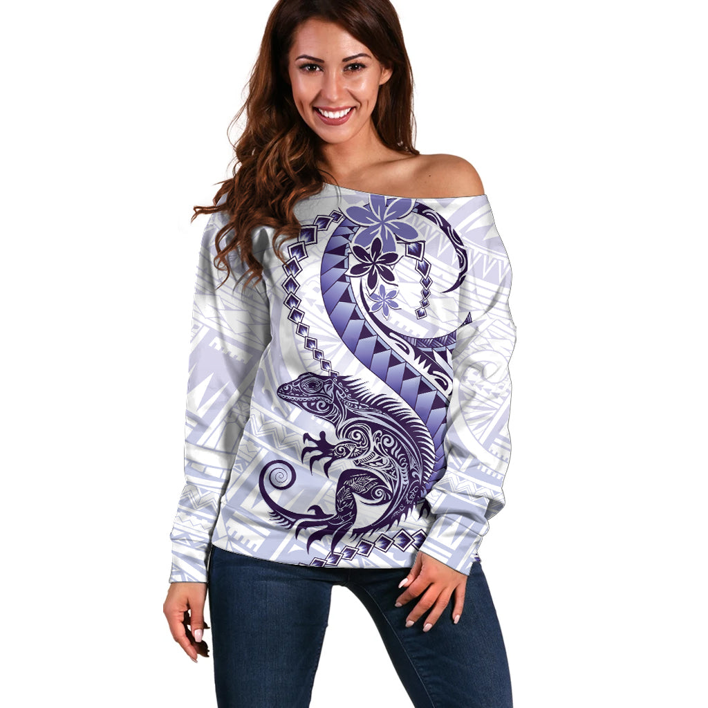 Purple Maori Tuatara Off Shoulder Sweater Luxury Pastel Pattern LT01 Women Purple - Polynesian Pride