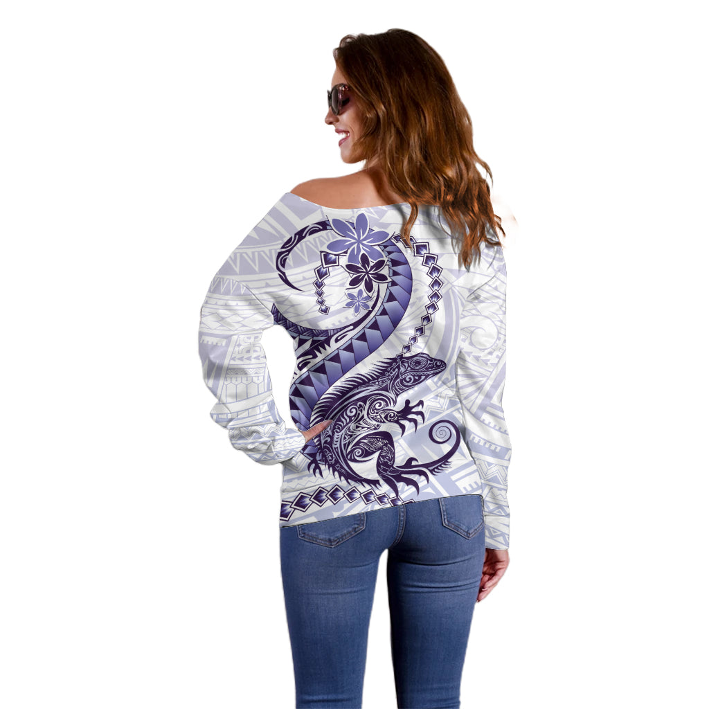 Purple Maori Tuatara Off Shoulder Sweater Luxury Pastel Pattern LT01 - Polynesian Pride