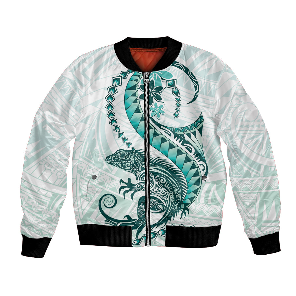 Teal Maori Tuatara Bomber Jacket Luxury Pastel Pattern LT01 Unisex Teal - Polynesian Pride