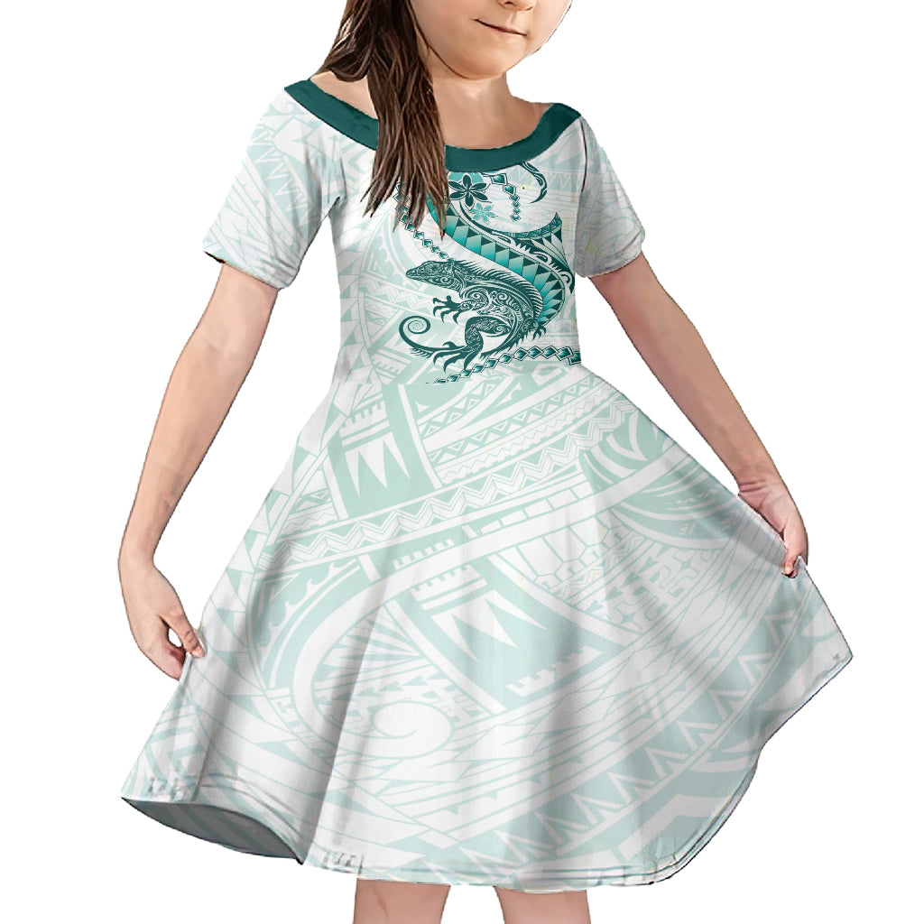 Teal Maori Tuatara Kid Short Sleeve Dress Luxury Pastel Pattern LT01 KID Teal - Polynesian Pride
