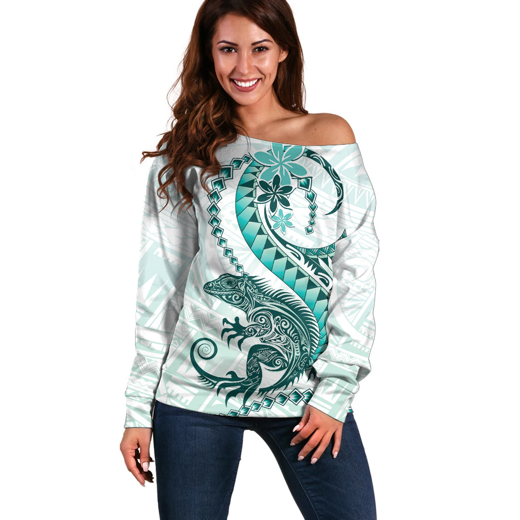Teal Maori Tuatara Off Shoulder Sweater Luxury Pastel Pattern LT01 Women Teal - Polynesian Pride
