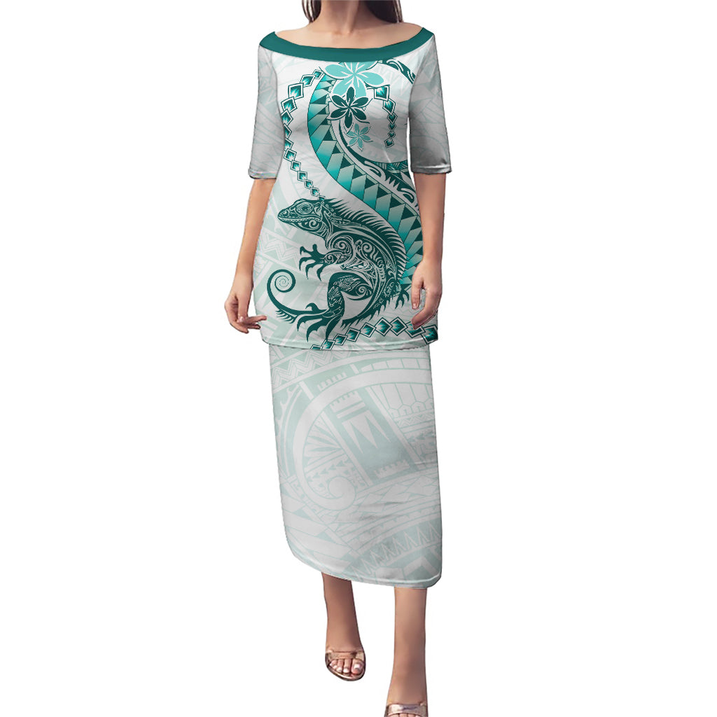 Teal Maori Tuatara Puletasi Luxury Pastel Pattern LT01 Long Dress Teal - Polynesian Pride