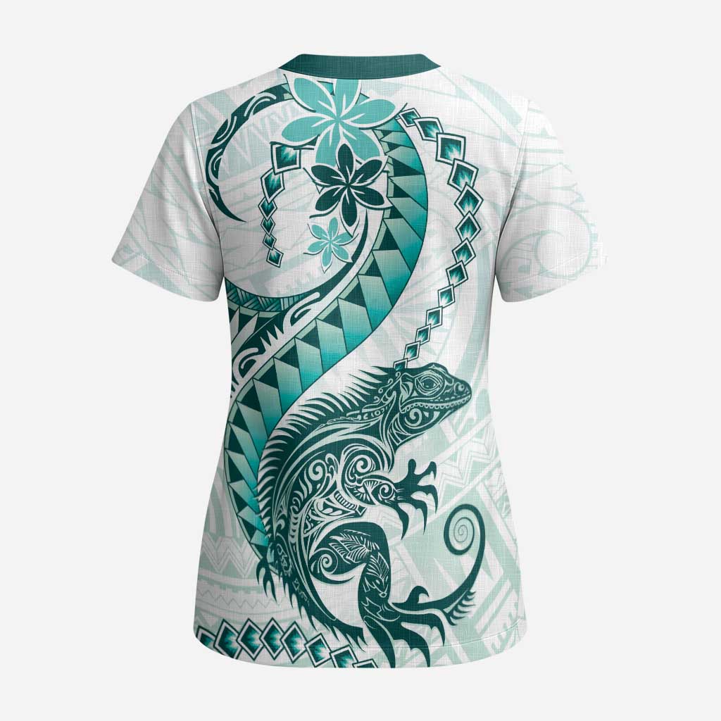 Teal Maori Tuatara Scrub Top Luxury Pastel Pattern LT01 - Polynesian Pride