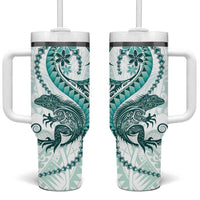 Teal Maori Tuatara Tumbler With Handle Luxury Pastel Pattern LT01 One Size: 40 oz Teal - Polynesian Pride
