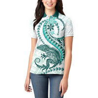 Teal Maori Tuatara Women Polo Shirt Luxury Pastel Pattern LT01 - Polynesian Pride