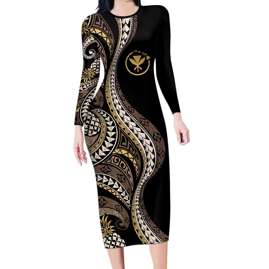 Hawaii Pineapple Brown Tribal Pattern Long Sleeve Bodycon Dress LT01 Long Dress Brown - Polynesian Pride