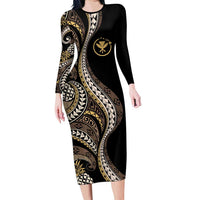 Hawaii Pineapple Brown Tribal Pattern Long Sleeve Bodycon Dress LT01 Long Dress Brown - Polynesian Pride