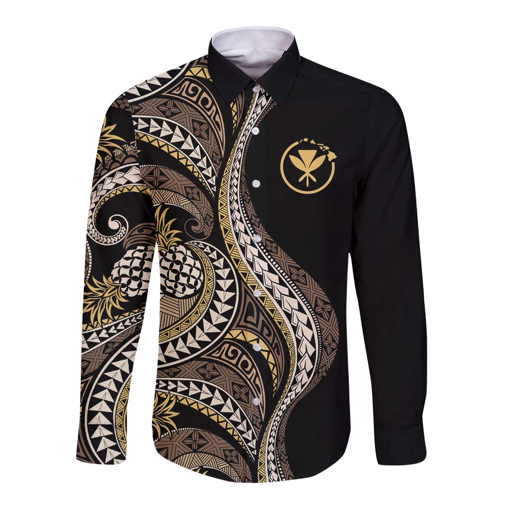 Hawaii Pineapple Brown Tribal Pattern Long Sleeve Button Shirt LT01 Unisex Brown - Polynesian Pride
