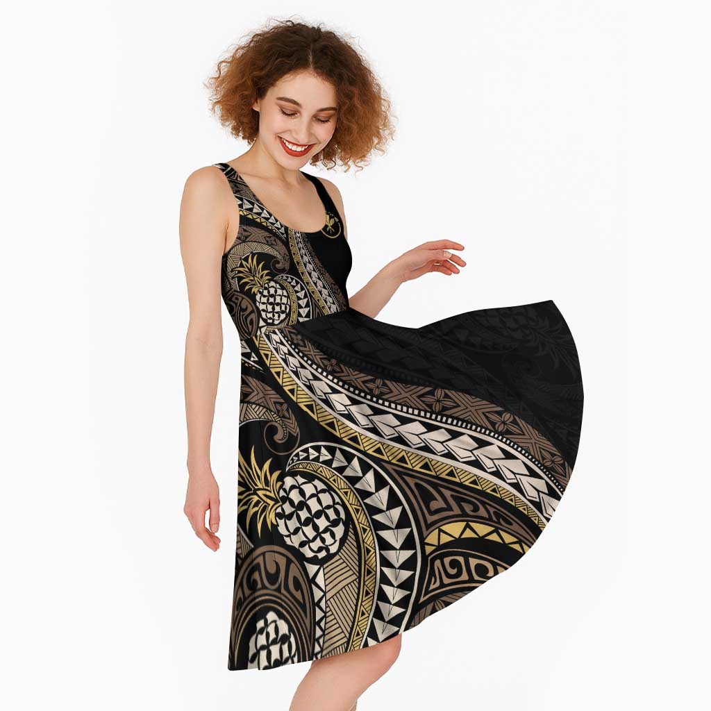 Hawaii Pineapple Brown Tribal Pattern Midi Dress LT01 - Polynesian Pride
