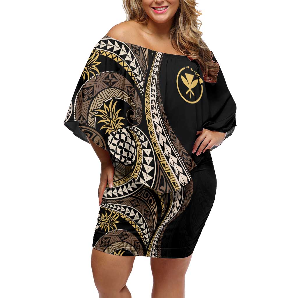 Hawaii Pineapple Brown Tribal Pattern Off Shoulder Short Dress LT01 Women Brown - Polynesian Pride