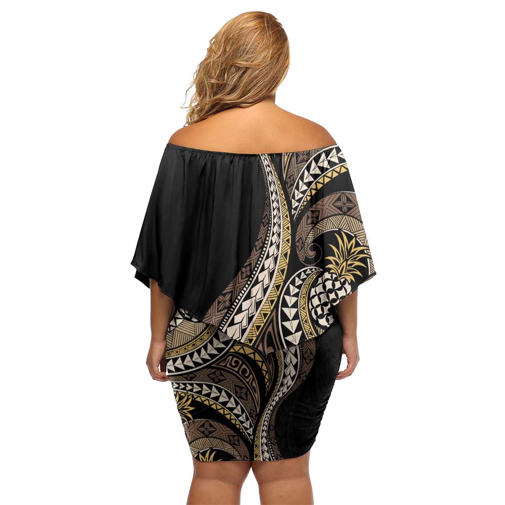 Hawaii Pineapple Brown Tribal Pattern Off Shoulder Short Dress LT01 - Polynesian Pride