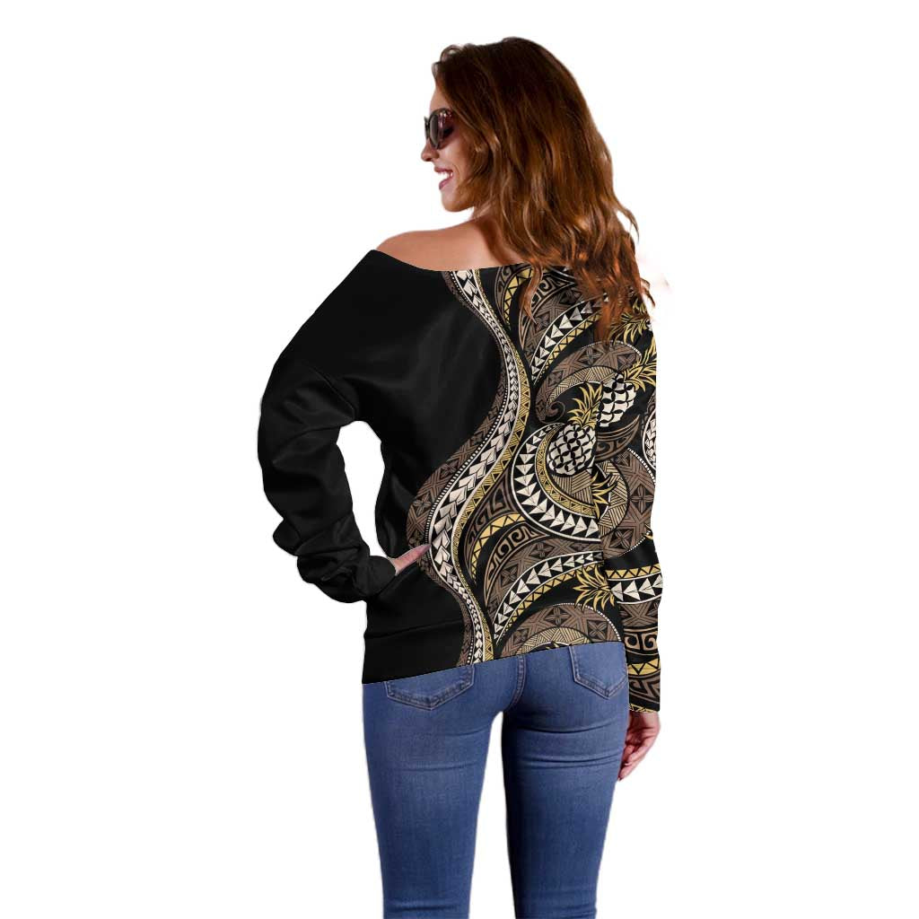 Hawaii Pineapple Brown Tribal Pattern Off Shoulder Sweater LT01 - Polynesian Pride