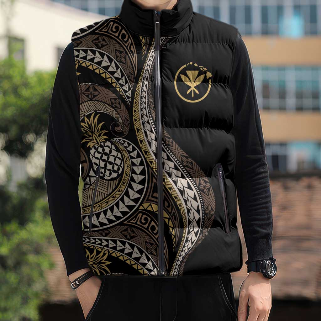 Hawaii Pineapple Brown Tribal Pattern Sleeveless Puffer Jacket LT01 - Polynesian Pride