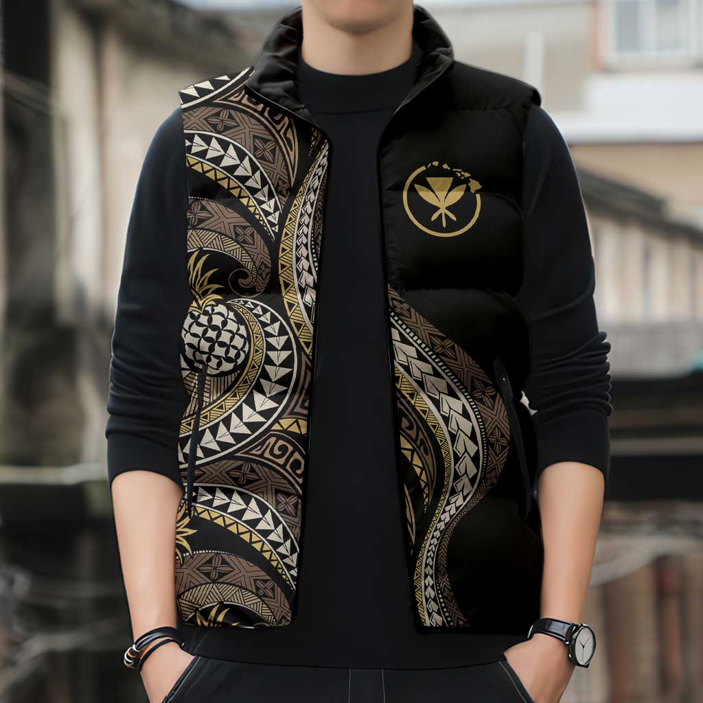 Hawaii Pineapple Brown Tribal Pattern Sleeveless Puffer Jacket LT01 - Polynesian Pride