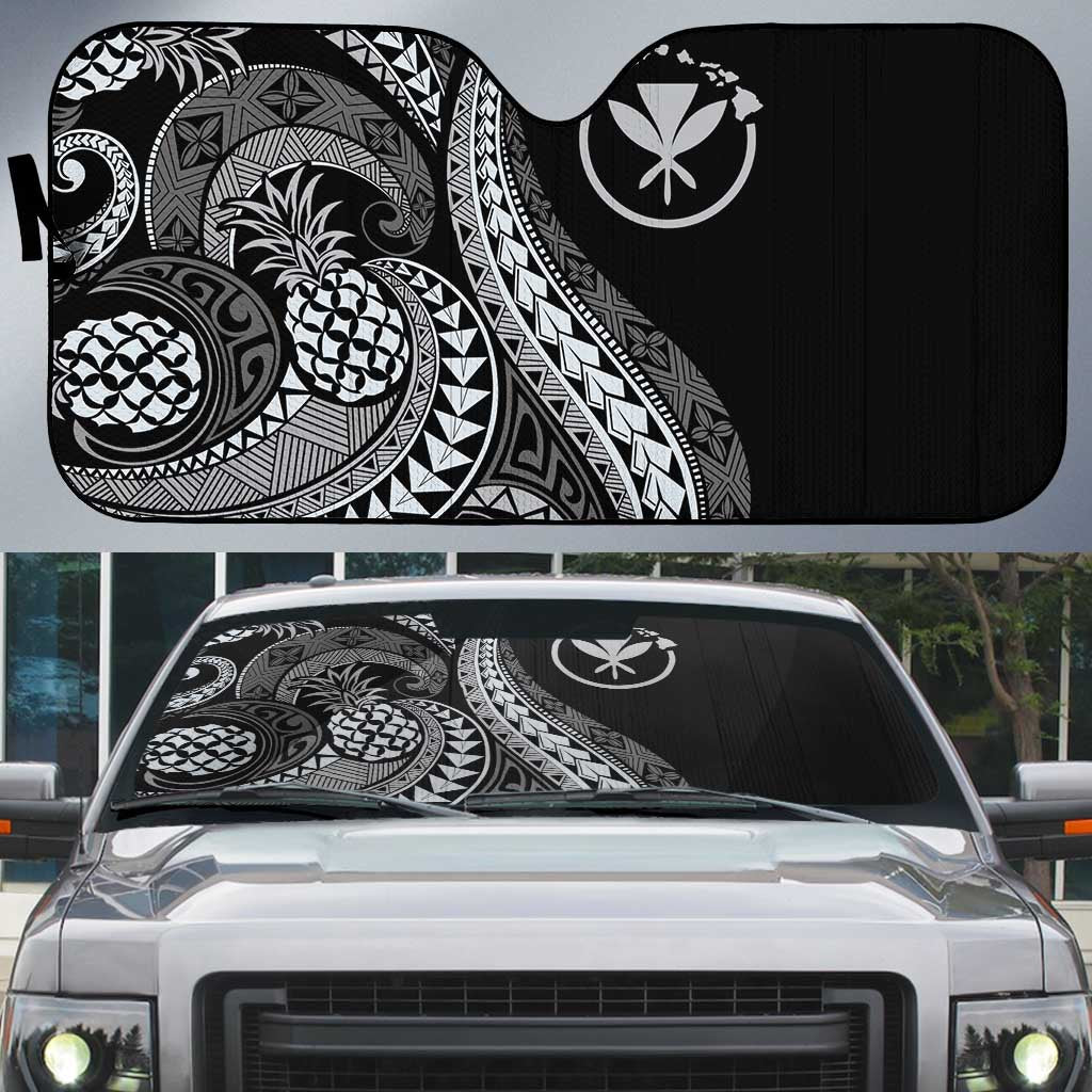 Hawaii Pineapple Gray Scale Tribal Pattern Auto Sun Shade LT01 Black - Polynesian Pride