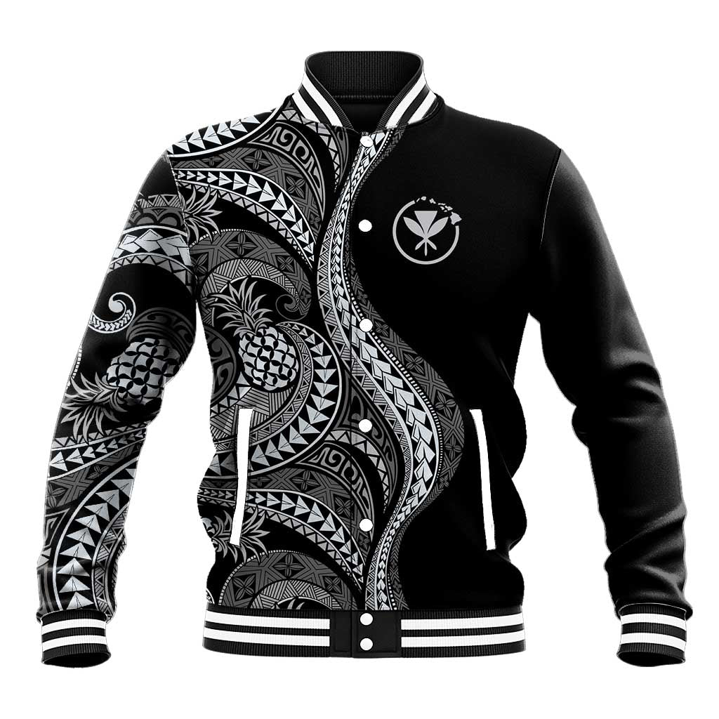 Hawaii Pineapple Gray Scale Tribal Pattern Baseball Jacket LT01 Unisex Black - Polynesian Pride
