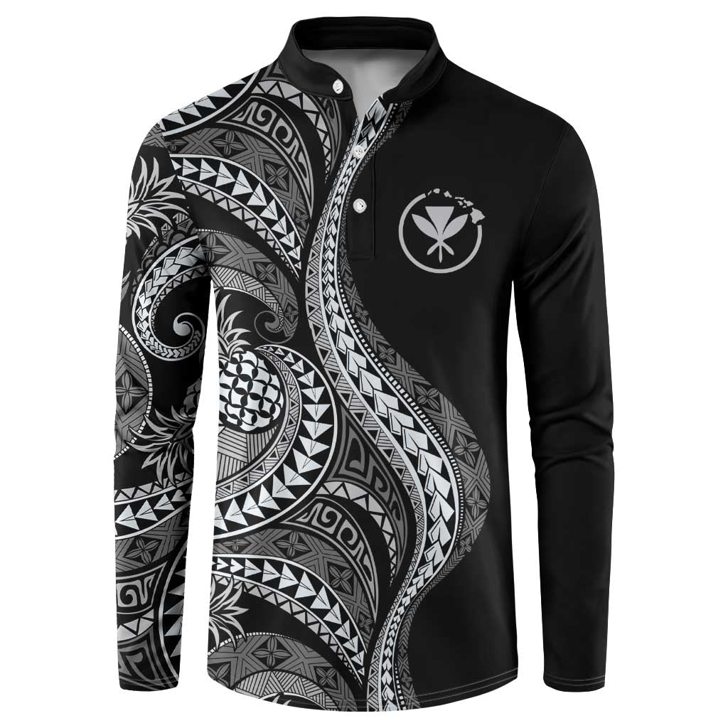 Hawaii Pineapple Gray Scale Tribal Pattern Button Sweatshirt LT01 Black - Polynesian Pride