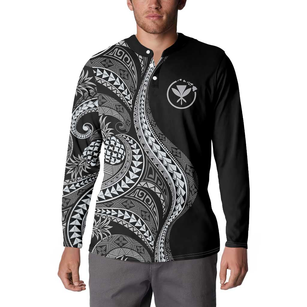 Hawaii Pineapple Gray Scale Tribal Pattern Button Sweatshirt LT01 - Polynesian Pride