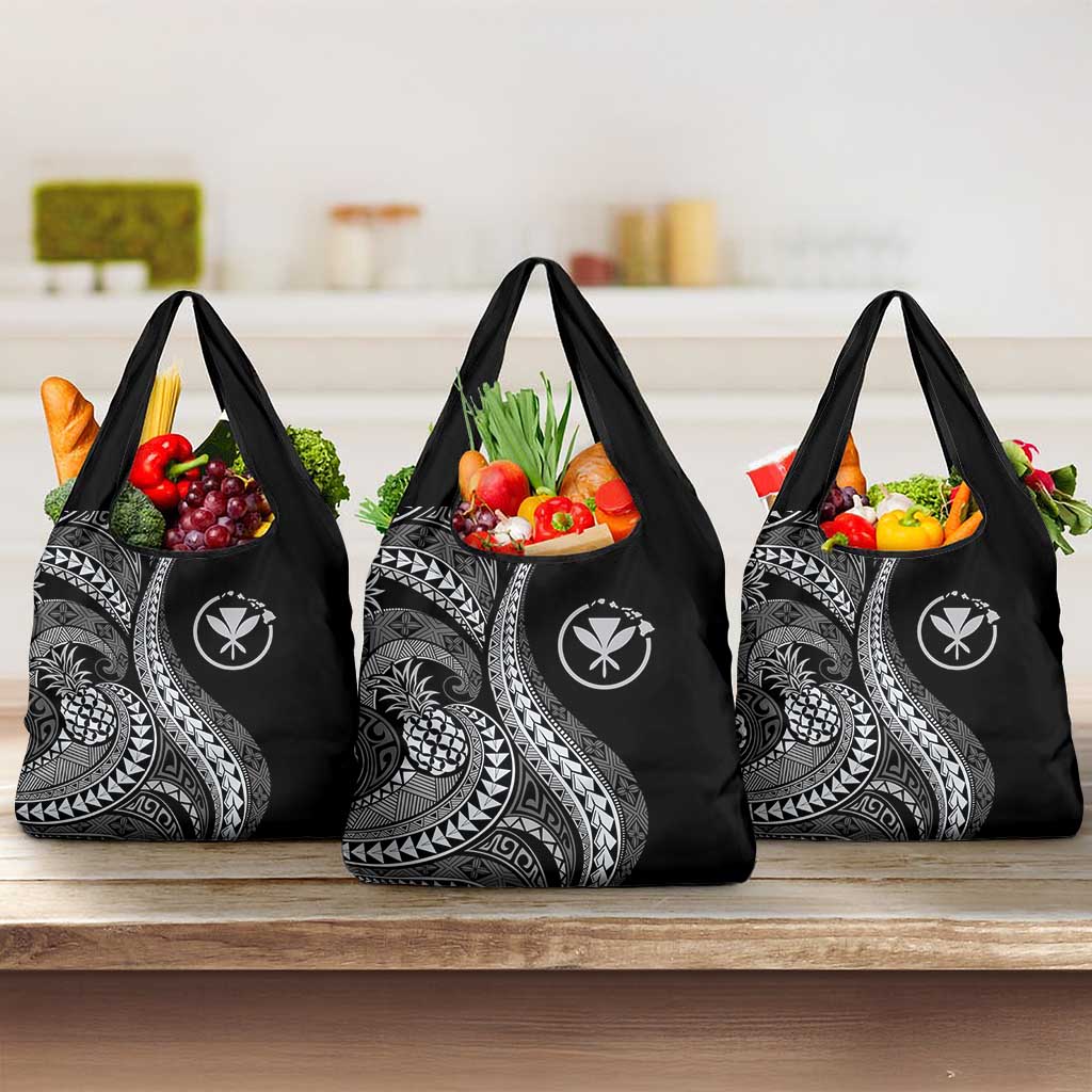 Hawaii Pineapple Gray Scale Tribal Pattern Grocery Bag LT01 3-pack One Size Black - Polynesian Pride