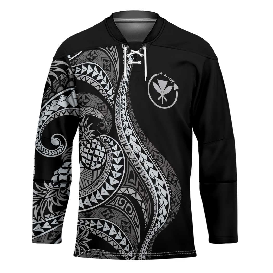 Hawaii Pineapple Gray Scale Tribal Pattern Hockey Jersey LT01 Unisex Black - Polynesian Pride