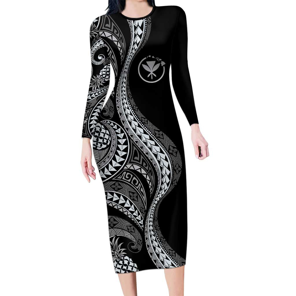 Hawaii Pineapple Gray Scale Tribal Pattern Long Sleeve Bodycon Dress LT01 Long Dress Black - Polynesian Pride