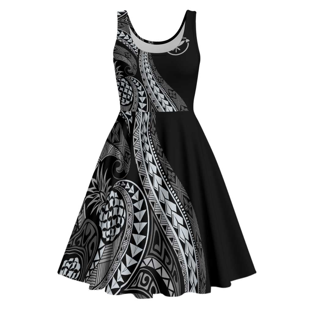 Hawaii Pineapple Gray Scale Tribal Pattern Midi Dress LT01 Black - Polynesian Pride