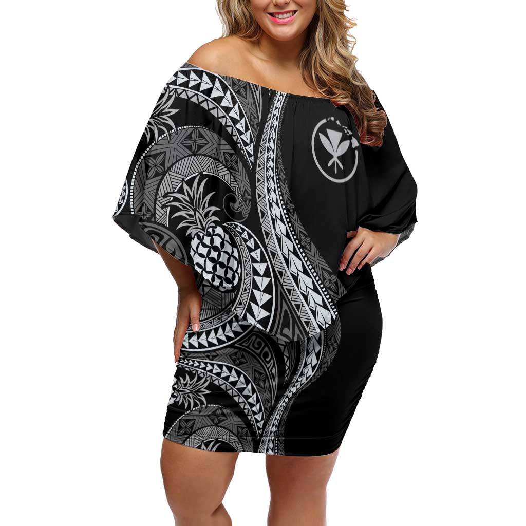 Hawaii Pineapple Gray Scale Tribal Pattern Off Shoulder Short Dress LT01 Women Black - Polynesian Pride