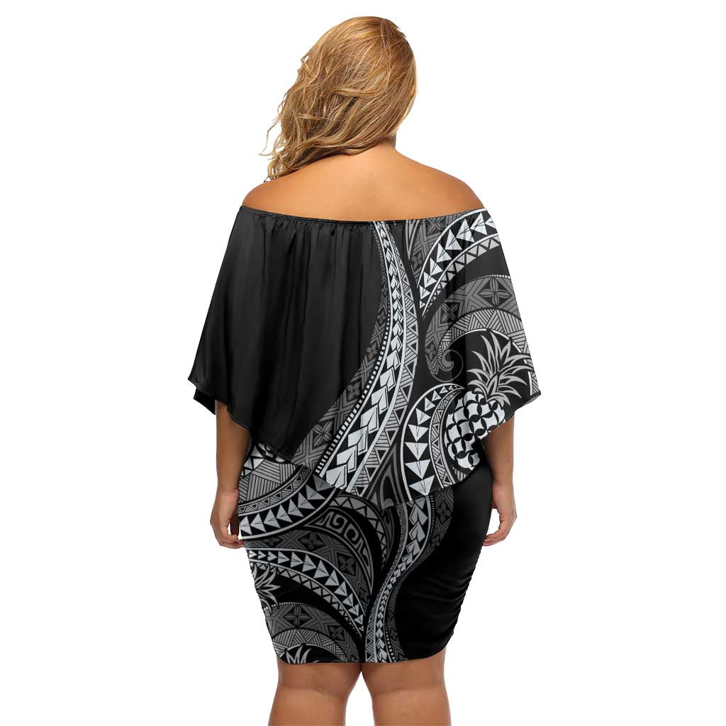 Hawaii Pineapple Gray Scale Tribal Pattern Off Shoulder Short Dress LT01 - Polynesian Pride