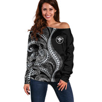 Hawaii Pineapple Gray Scale Tribal Pattern Off Shoulder Sweater LT01 Women Black - Polynesian Pride