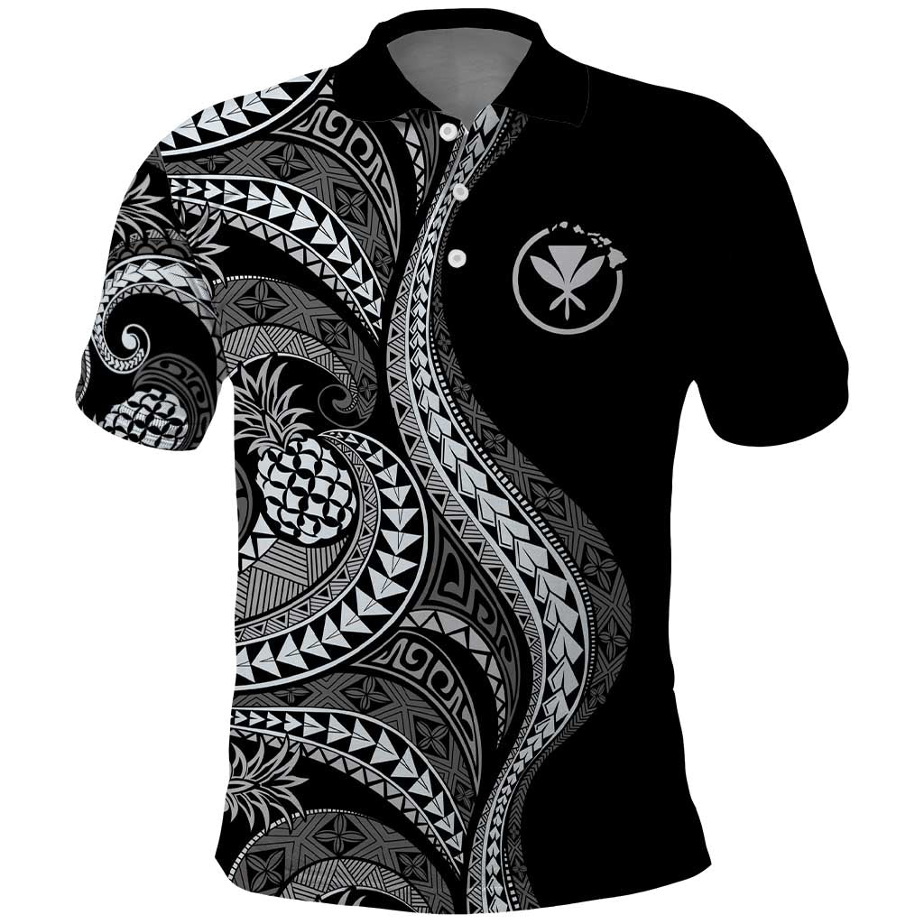 Hawaii Pineapple Gray Scale Tribal Pattern Polo Shirt LT01 Black - Polynesian Pride