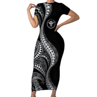 Hawaii Pineapple Gray Scale Tribal Pattern Short Sleeve Bodycon Dress LT01 Long Dress Black - Polynesian Pride