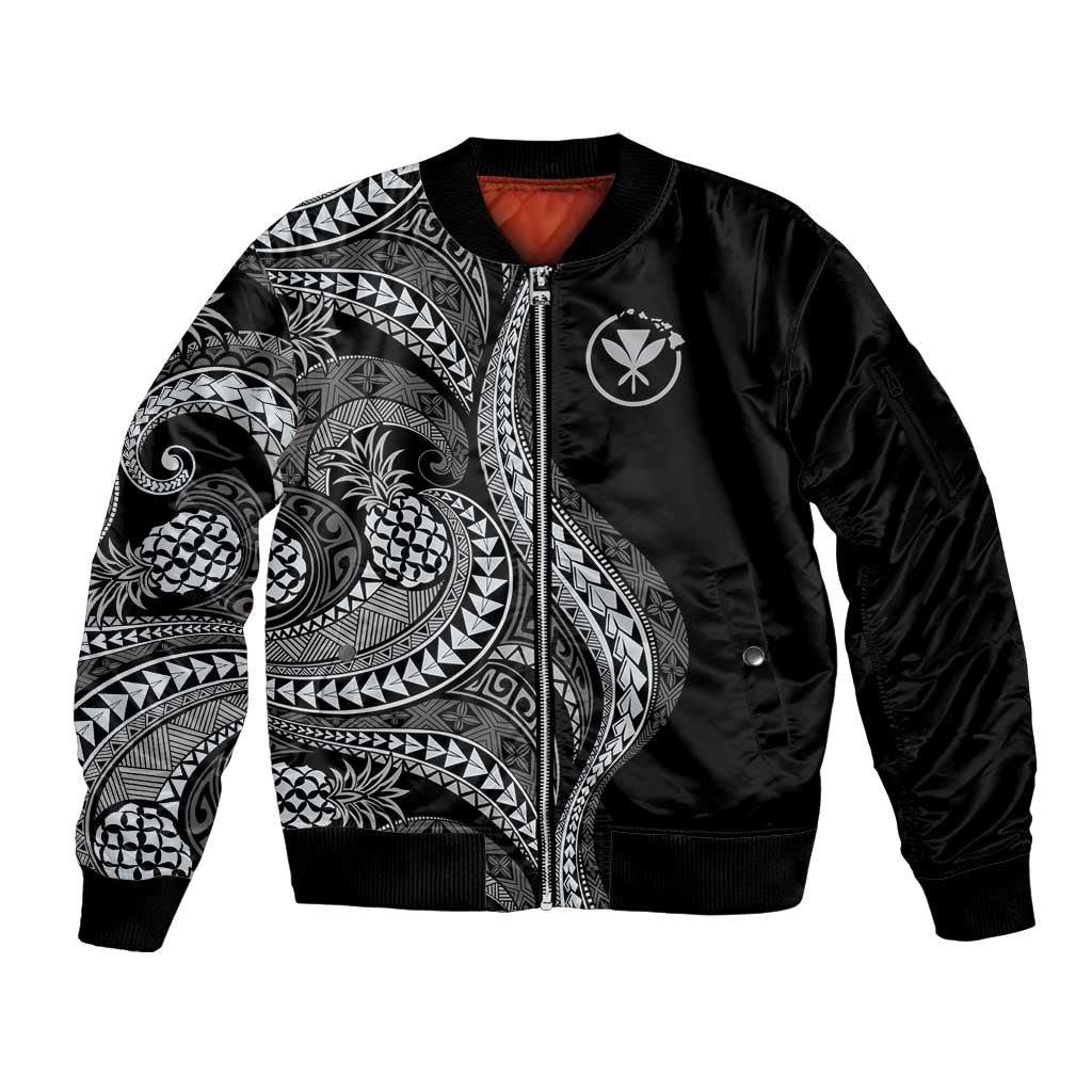 Hawaii Pineapple Gray Scale Tribal Pattern Sleeve Zip Bomber Jacket LT01 Unisex Black - Polynesian Pride