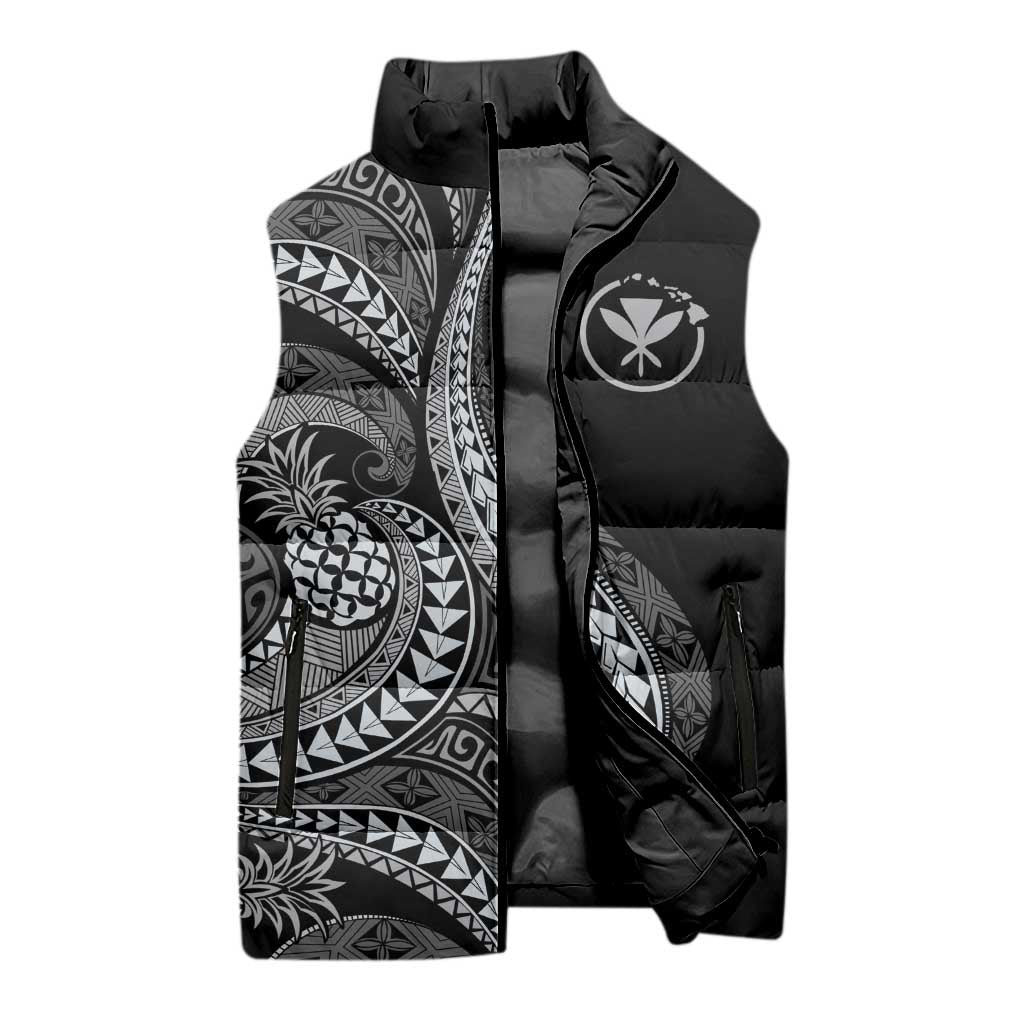 Hawaii Pineapple Gray Scale Tribal Pattern Sleeveless Puffer Jacket LT01 - Polynesian Pride