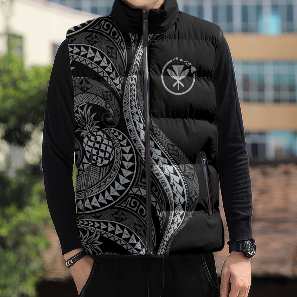 Hawaii Pineapple Gray Scale Tribal Pattern Sleeveless Puffer Jacket LT01 - Polynesian Pride