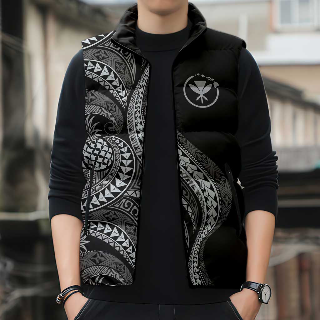 Hawaii Pineapple Gray Scale Tribal Pattern Sleeveless Puffer Jacket LT01 - Polynesian Pride