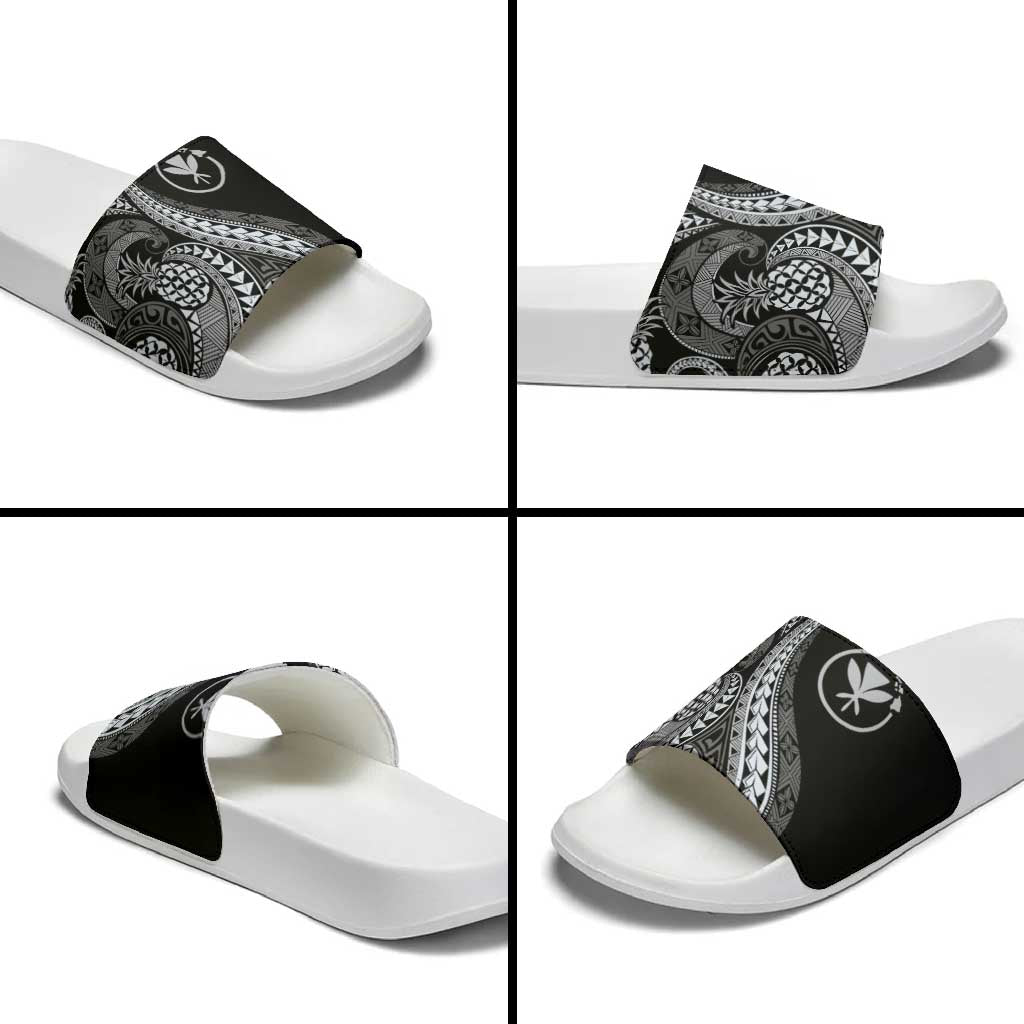Hawaii Pineapple Gray Scale Tribal Pattern Slide Sandals LT01 - Polynesian Pride