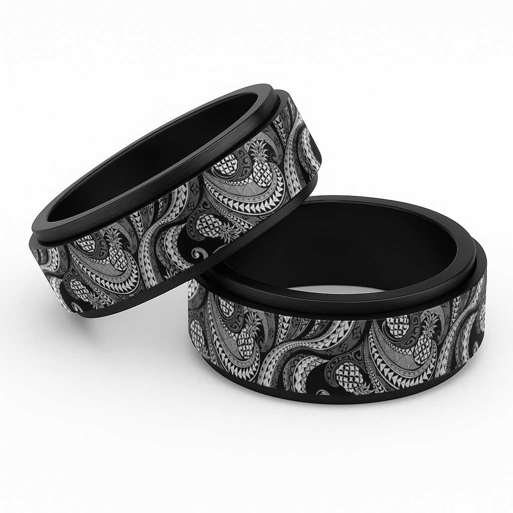 Hawaii Pineapple Gray Scale Tribal Pattern Spinner Ring LT01 Black Black - Polynesian Pride