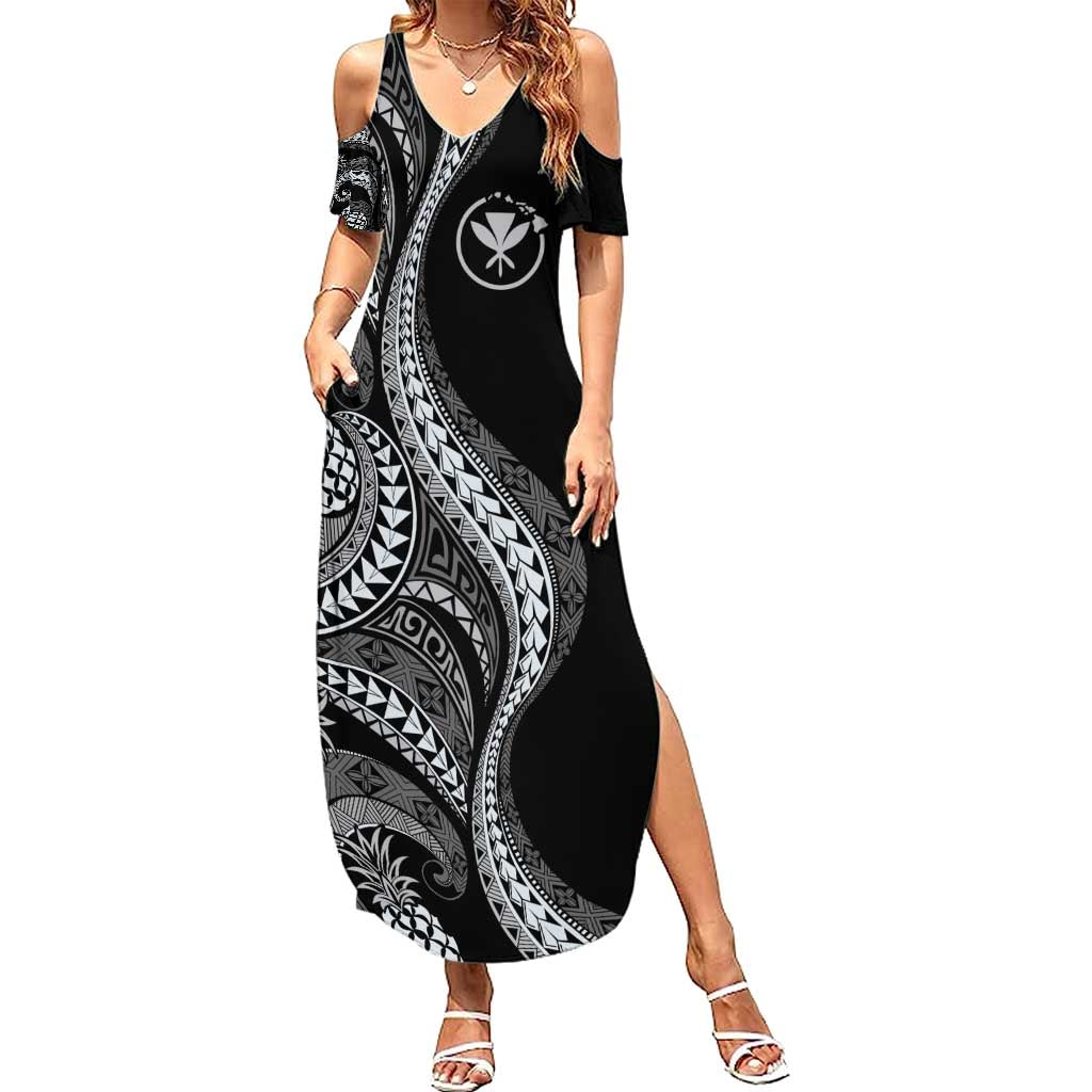 Hawaii Pineapple Gray Scale Tribal Pattern Summer Maxi Dress LT01 Women Black - Polynesian Pride