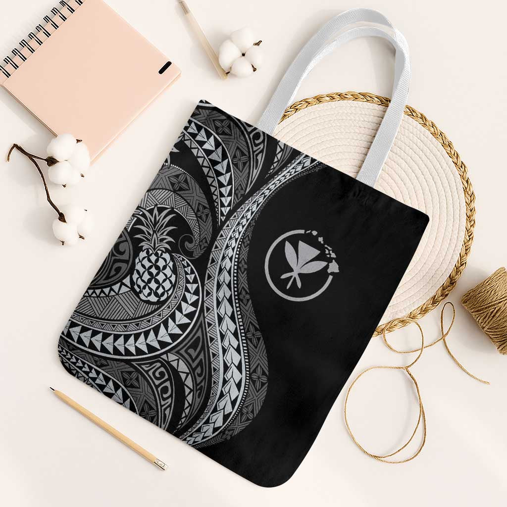 Hawaii Pineapple Gray Scale Tribal Pattern Tote Bag LT01 White Strap One Size Black - Polynesian Pride