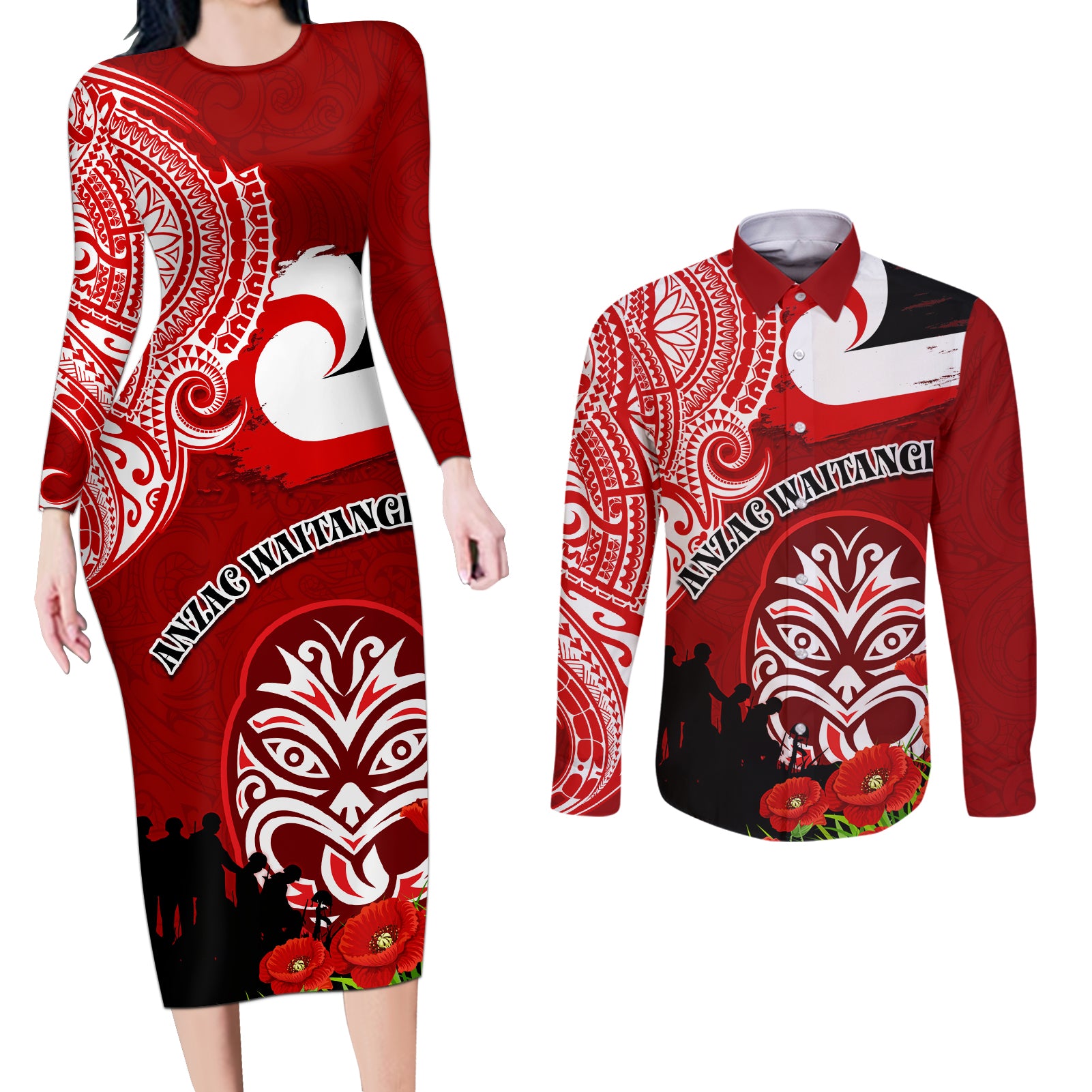 New Zealand ANZAC Waitangi Day Couples Matching Long Sleeve Bodycon Dress and Long Sleeve Button Shirt Lest We Forget Soldier Tiki Maori Style LT03 Red - Polynesian Pride