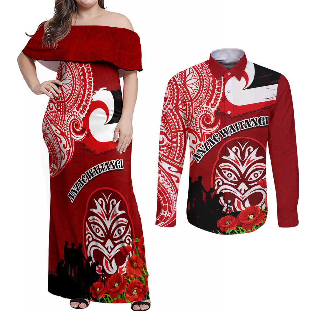 New Zealand ANZAC Waitangi Day Couples Matching Off Shoulder Maxi Dress and Long Sleeve Button Shirt Lest We Forget Soldier Tiki Maori Style LT03 Red - Polynesian Pride