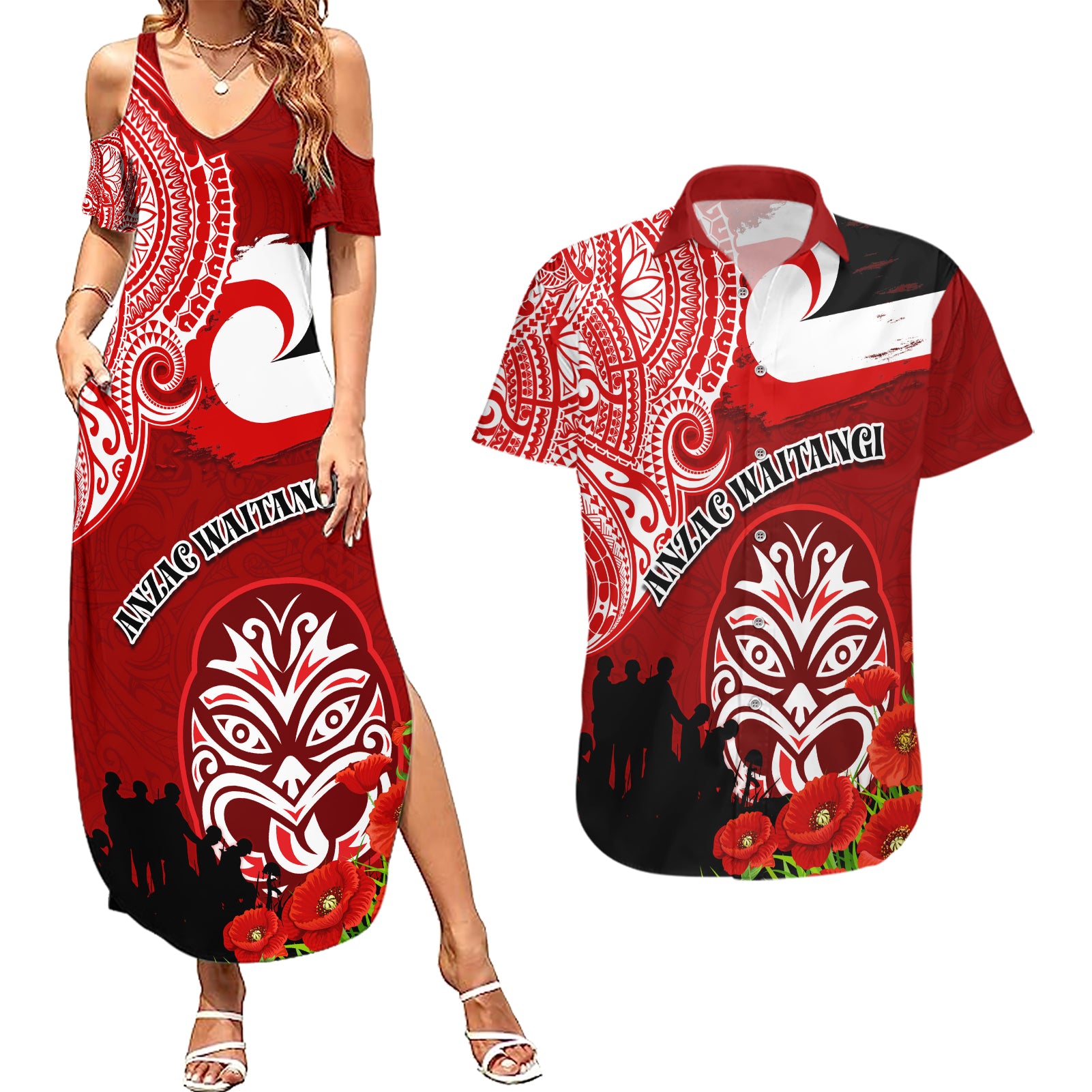 New Zealand ANZAC Waitangi Day Couples Matching Summer Maxi Dress and Hawaiian Shirt Lest We Forget Soldier Tiki Maori Style LT03 Red - Polynesian Pride