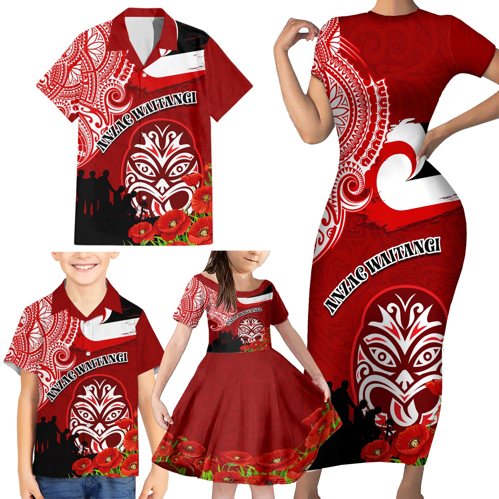 New Zealand ANZAC Waitangi Day Family Matching Short Sleeve Bodycon Dress and Hawaiian Shirt Lest We Forget Soldier Tiki Maori Style LT03 - Polynesian Pride